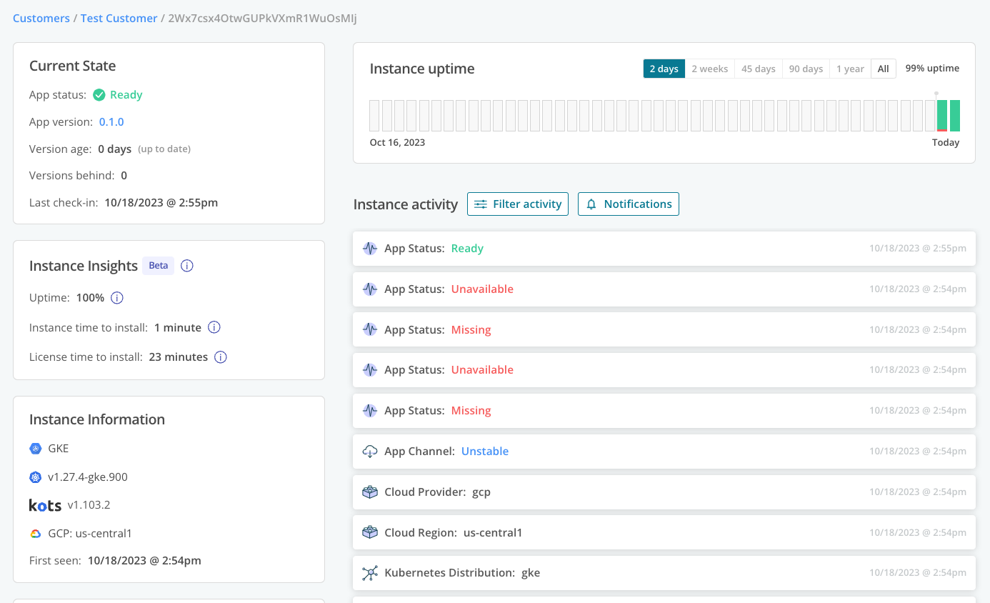 Customer instance details page